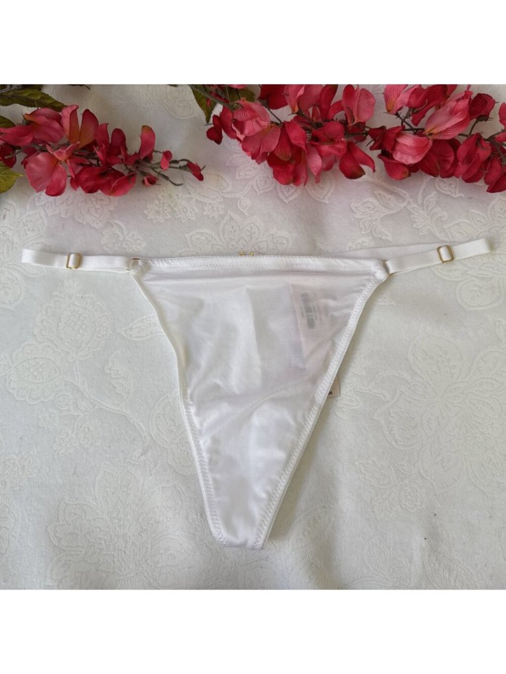 VICTORIA'S SECRET L SILKY WHITE GOLD CHARM ADJ SIDE V STRING STRAPPY PANTIES NWT